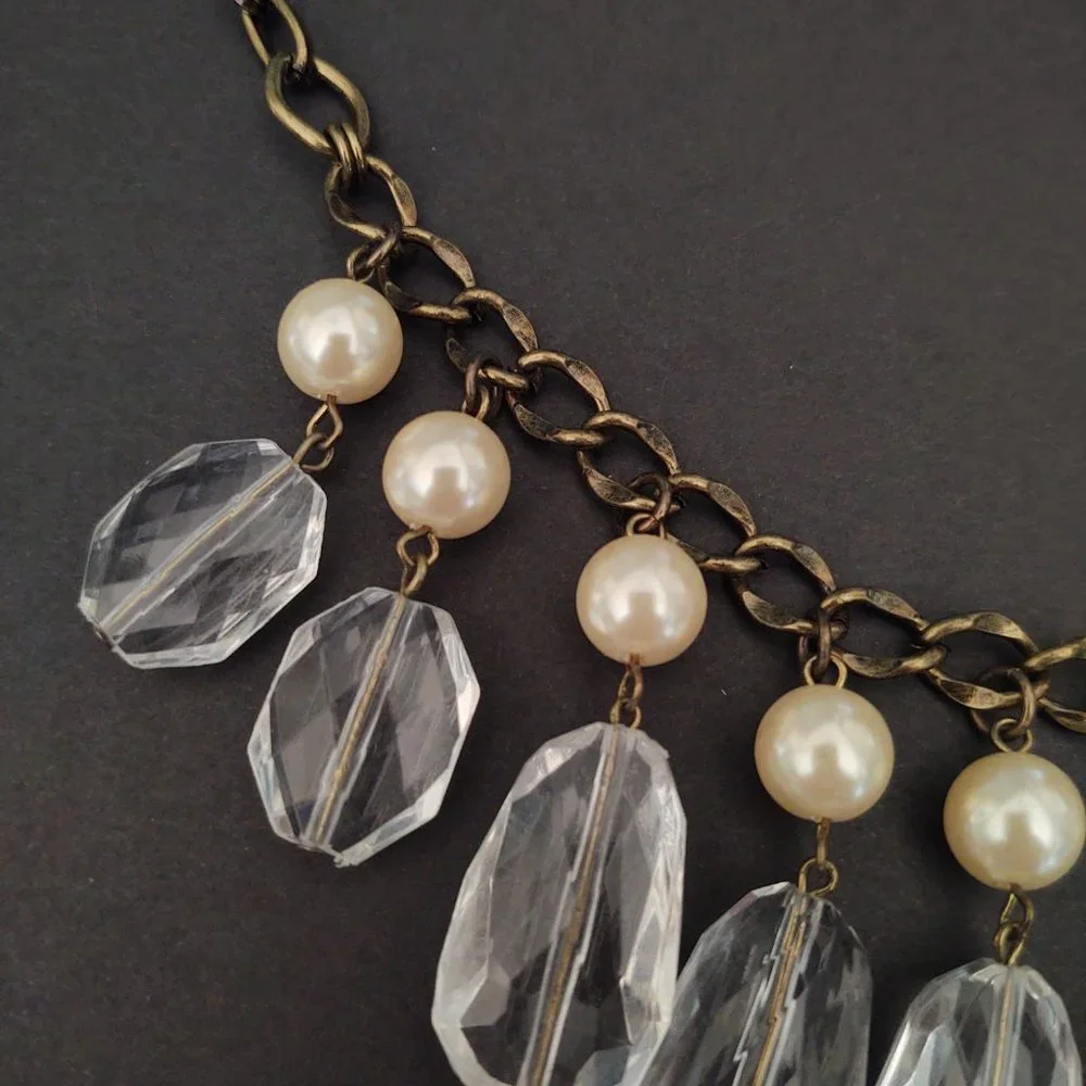 Faux pearl and clear bead dangle statement necklace